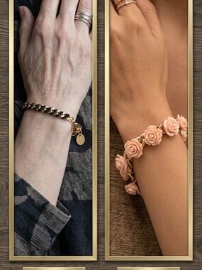 2 Gold Chain Bracelet with Blush Pink Rose Charms